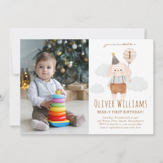 Invitation bunny 1st birthday blue balloon