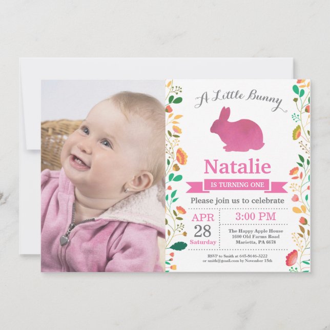 Invitation Bunny Anniversaire Fille de Pâques Oeuf 1er Annive (Devant)