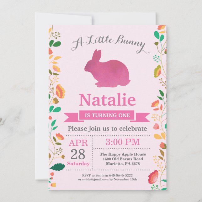 Invitation Bunny Anniversaire Fille de Pâques Oeuf 1er Annive (Devant)