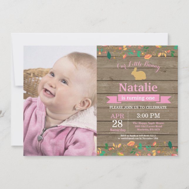 Invitation Bunny Anniversaire Fille de Pâques Oeuf 1er Annive (Devant)