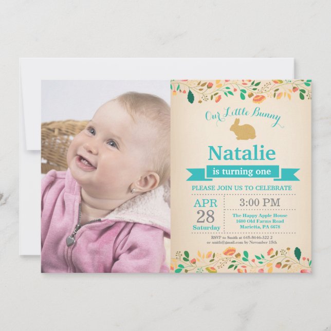 Invitation Bunny Anniversaire Fille de Pâques Oeuf 1er Annive (Devant)