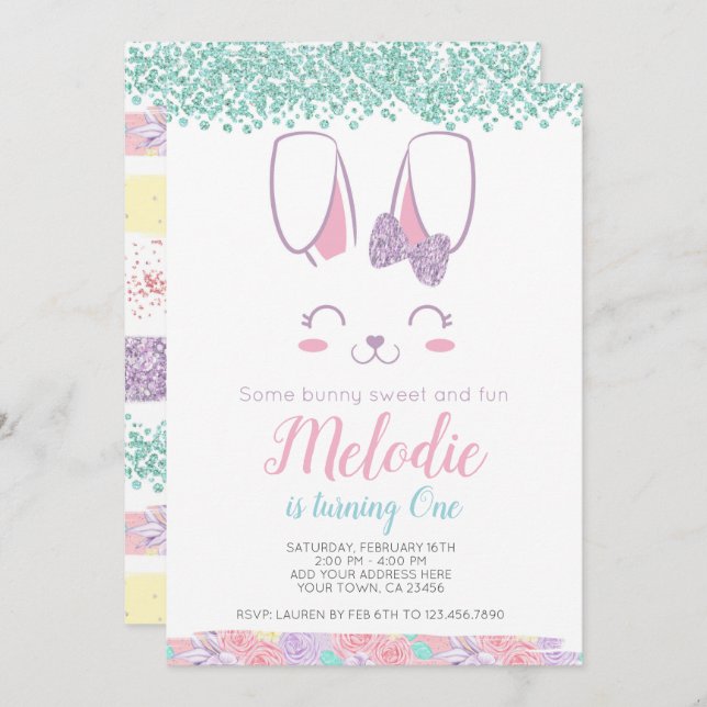 Invitation Bunny Anniversaire Invitation, Tout âge, 1er anniv (Devant / Derrière)