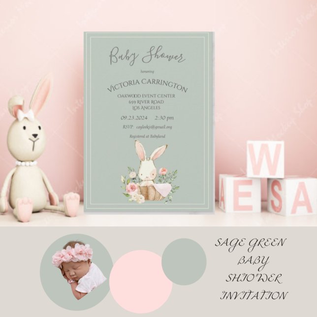 Invitation Bunny Aquarelle Floral Green Girl Baby shower (Créateur téléchargé)