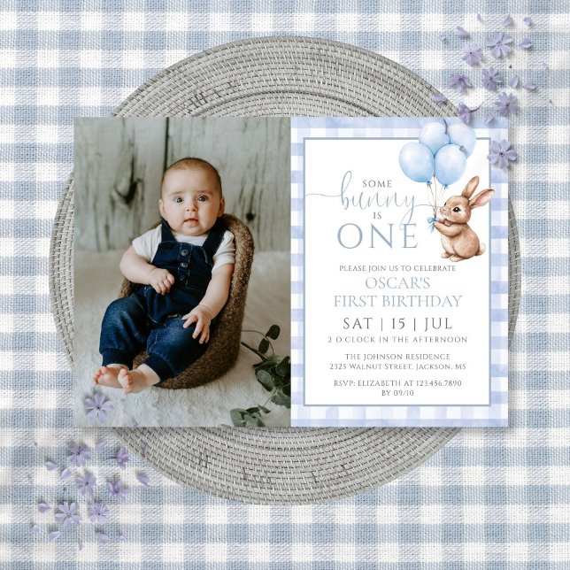 Invitation Bunny Blue Balloons Photo 1st Birthday Party (Bunny Blue Balloons Photo 1st Birthday Party Invitation)