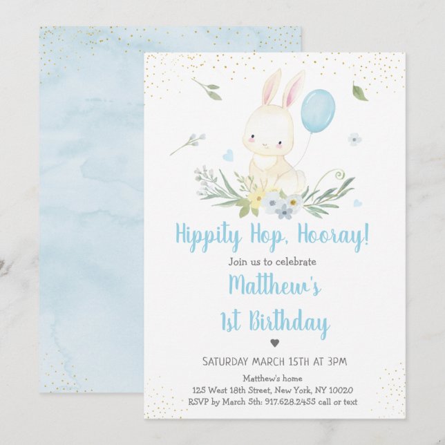 Invitation Bunny Blue Boy Verdure Anniversaire (Devant / Derrière)