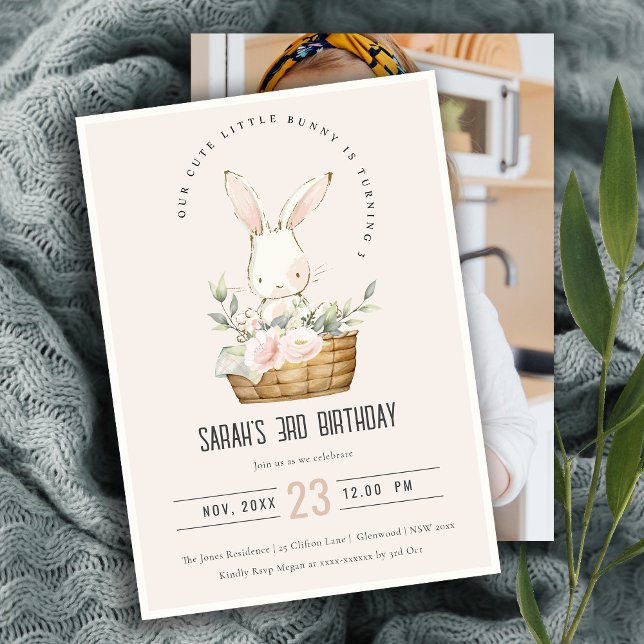 Invitation Bunny Blush Dans Panier Floral Enfants Photo Anniv (Créateur téléchargé)