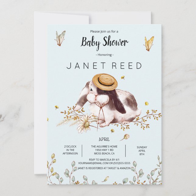 Invitation Bunny Casquette Rustic Country Baby shower Invitat (Devant)