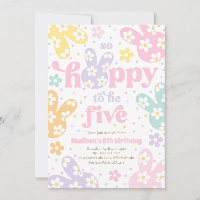 Invitation Bunny Daisy Floral Pastel Spring 5th Birthday (Devant)