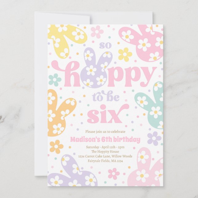 Invitation Bunny Daisy Floral Pastel Spring 6th Birthday (Devant)