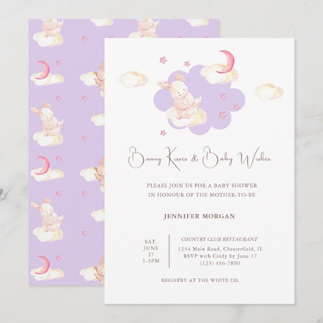 Invitation Bunny Dreams Baby shower violet (Devant / Derrière)