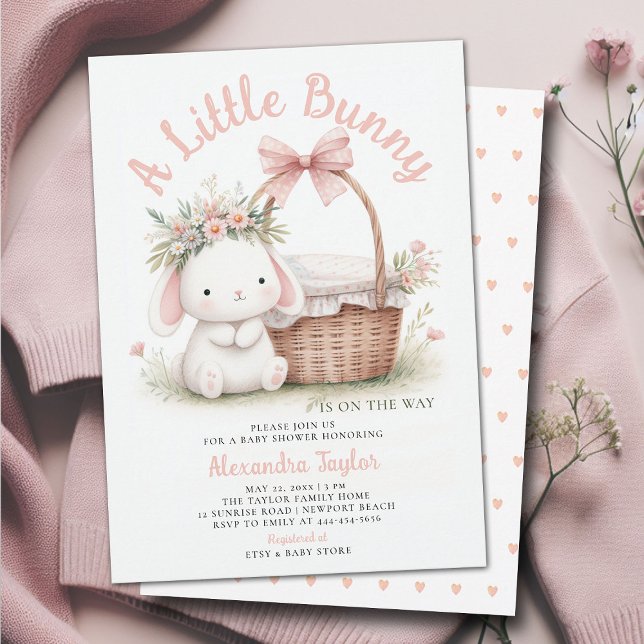 Invitation Bunny Fleurs sauvages Bow pique-nique rose bébé fi (a little bunny baby girl shower invitation springtime easter garden picnic wildflowers pink blush)