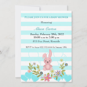 Invitation Bunny floral blanc & bleu turquoise rayures baby s