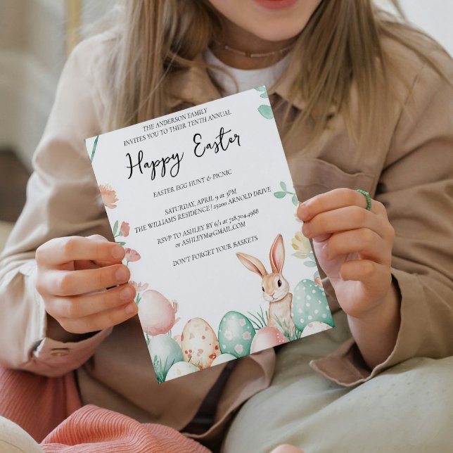 Invitation Bunny Floral et oeufs blanc heureux Pâques (Créateur téléchargé)