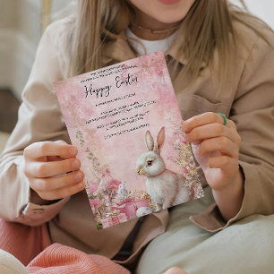 Invitation Bunny Floral et oeufs rose heureux Pâques
