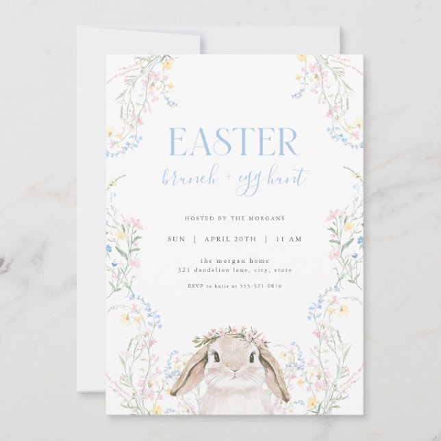 Invitation Bunny floral Pâques Brunch et chasse aux oeufs Inv (Devant)