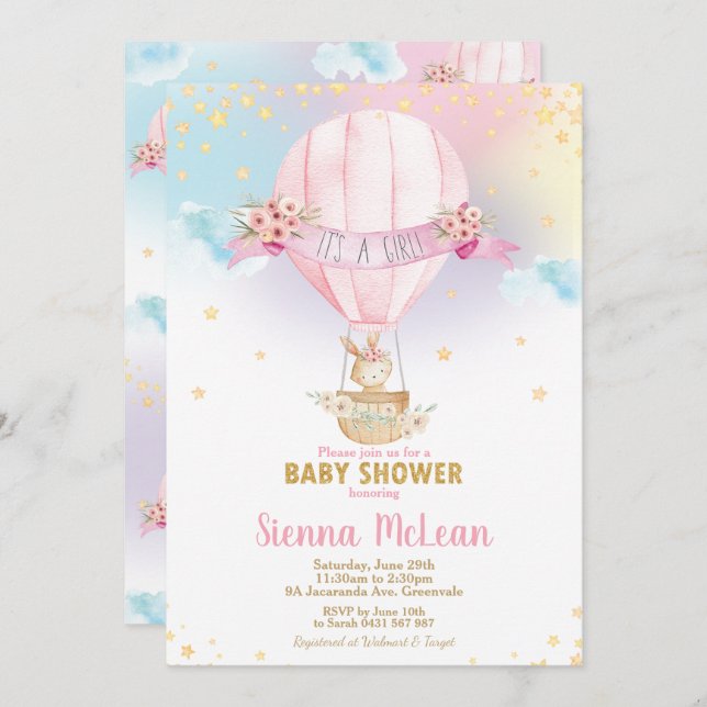 Invitation Bunny Girl Baby shower à air chaud Rainbow (Devant / Derrière)