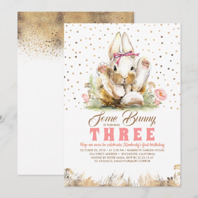 Invitation Bunny Gold Parties scintillant rose Floral Anniver (Devant / Derrière)