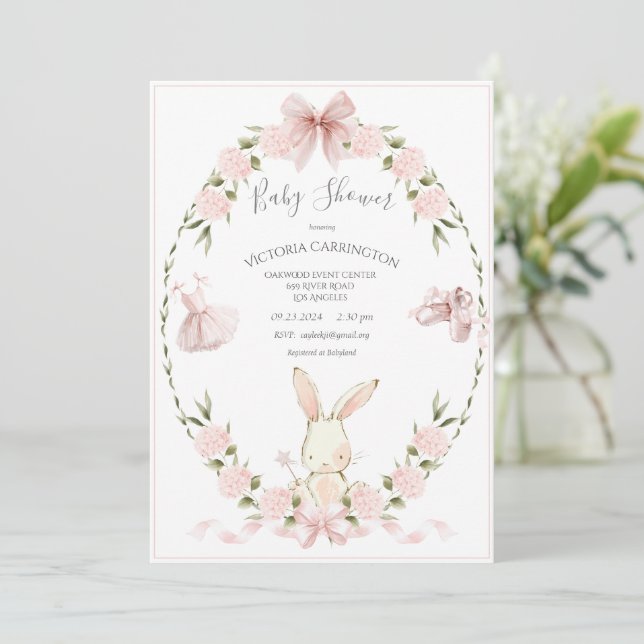 Invitation Bunny Hydrangeas Pink Girl Ballerina Baby (Debout devant)