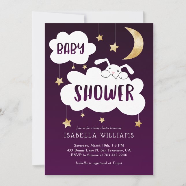 Invitation Bunny Moon Stars Purple Gold Baby shower (Devant)