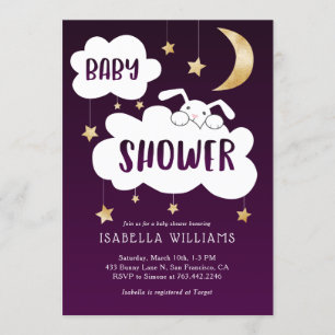 Invitation Bunny Moon Stars Purple Gold Baby shower