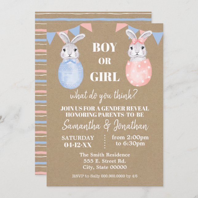 Invitation Bunny Pâques genre Révéler garçon ou fille Baby sh (Devant / Derrière)