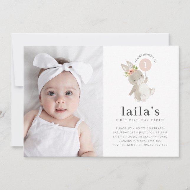 Invitation Bunny Pink Balloon Photo 1er Anniversaire Invitati (Devant)