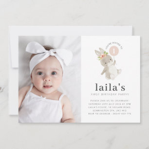 Invitation Bunny Pink Balloon Photo 1er Anniversaire Invitati