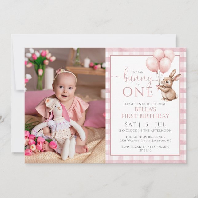 Invitation Bunny Pink Balloons Photo 1st Birthday Party (Devant)