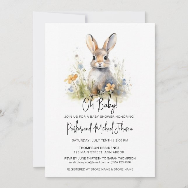 Invitation Bunny Rabbit Baby shower forestier (Devant)