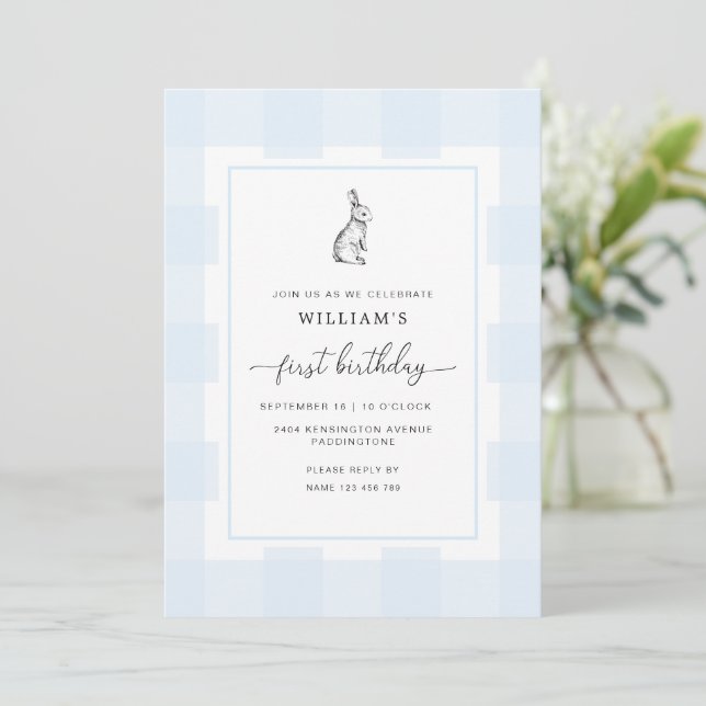 Invitation Bunny Rabbit Bleu En vichy 1er Anniversaire Invita (Debout devant)