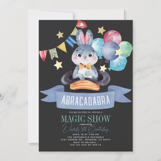 Invitation Bunny Rabbit Magicien Magicien Show Blk Boy Annive (Devant)
