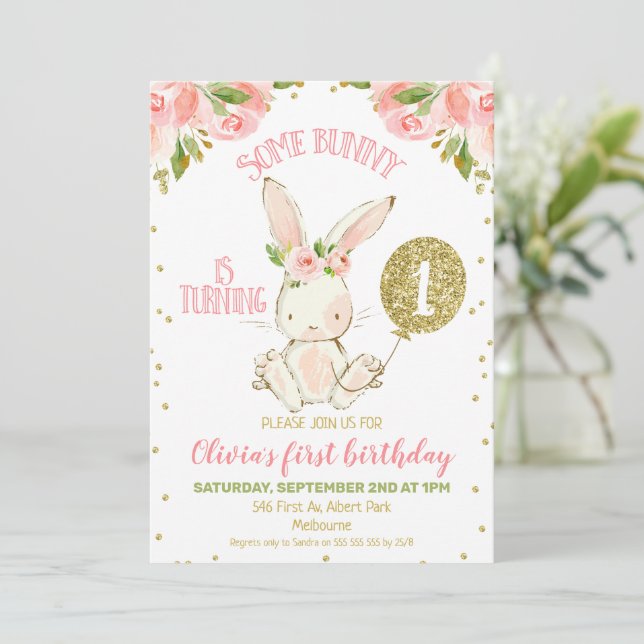 Invitation Bunny rose et or floral 1er anniversaire (Debout devant)