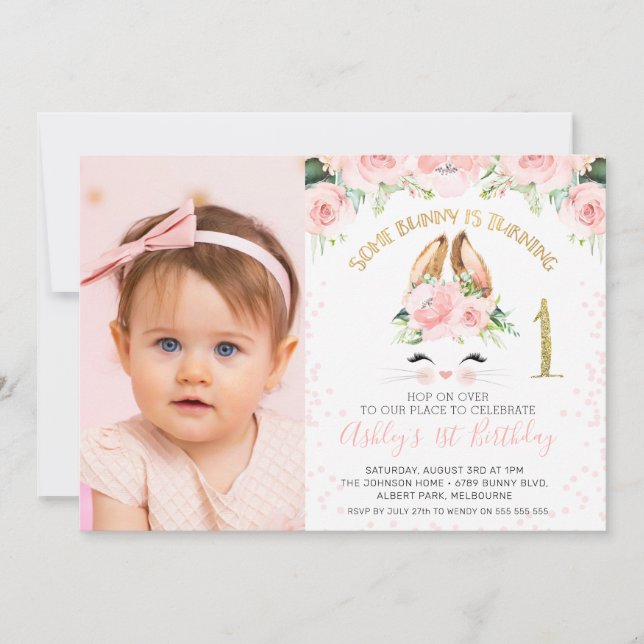 Invitation Bunny rose floral visage photo 1er anniversaire (Devant)