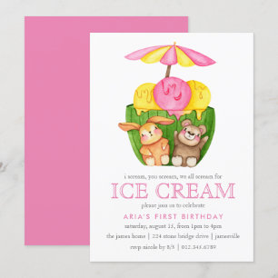 Invitation Bunny Teddy Bear Glace Cream Girl 1er Anniversaire