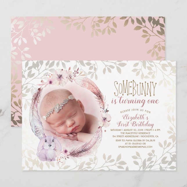Invitation Bunny tourne la photo d'un premier anniversaire de (Devant / Derrière)