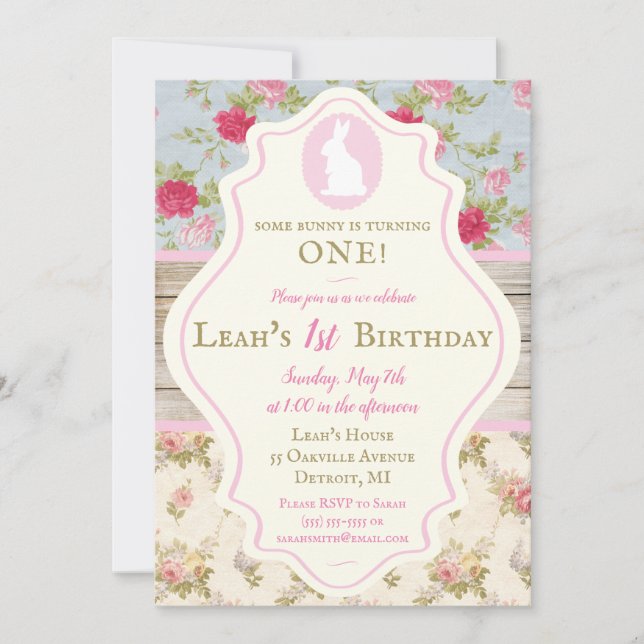 Invitation Bunny Victorian Floral Shabby Chic Party (Devant)