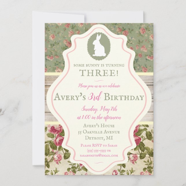 Invitation Bunny Victorian Floral Shabby Chic Party Invitatio (Devant)