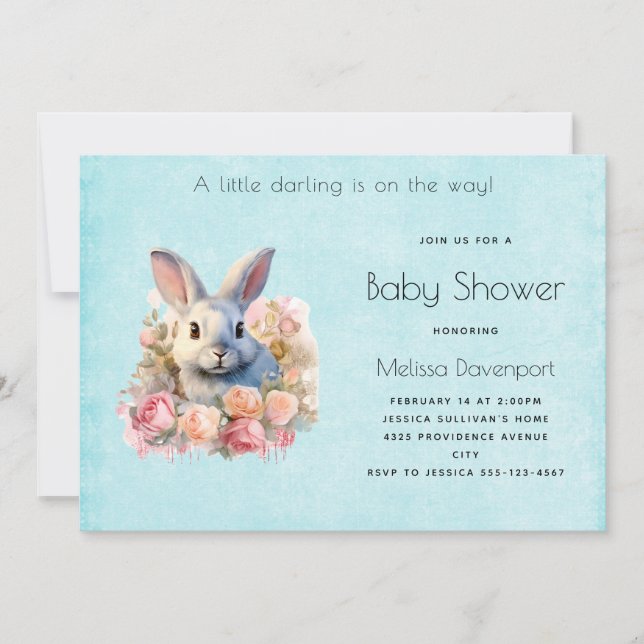 Invitation Bunny with a Garland of Roses Cute Baby Shower (Devant)