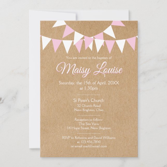 Invitation Bunting Rose Bébé Fille Baptême Christening (Devant)