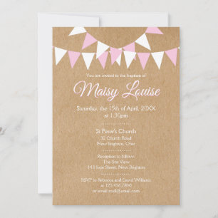 Invitation Bunting Rose Bébé Fille Baptême Christening