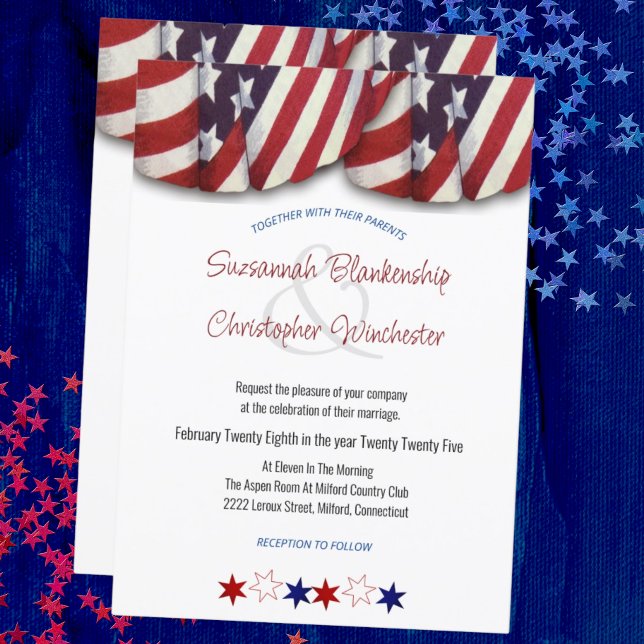 Invitation Bunting Rouge Blanc Bleu Patriotique et Étoiles In (front and back patriotic bunting wedding invitation)