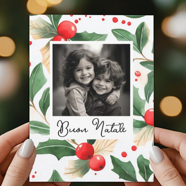Invitation Buon Natale Christmas Card Festive Holly Art (Buon Natale Italian Christmas Postcard with space for two custom pictures. Holly & berries art.)