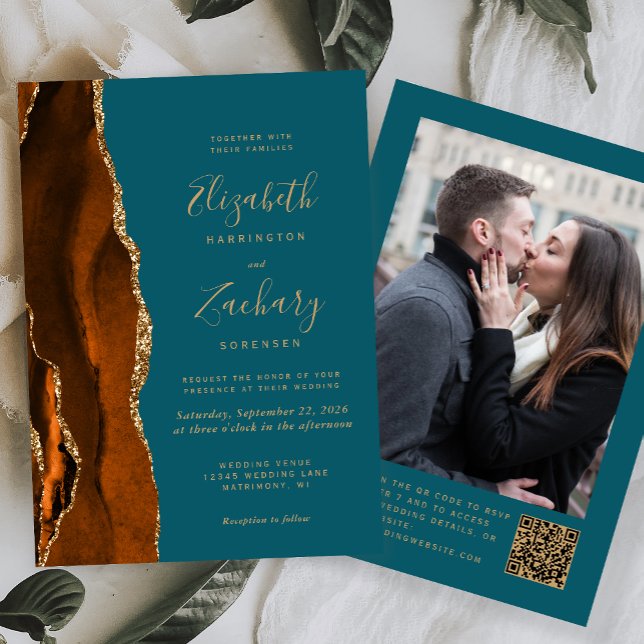 Invitation Burange Agate Turquoise Photo QR Code Mariage (Créateur téléchargé)