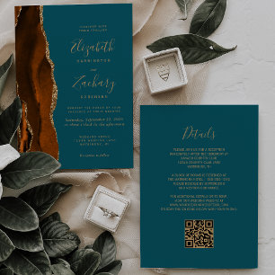 Invitation Burange Gold Agate Turquoise QR Code Mariage