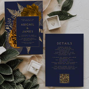 Invitation Burange or Floral Marine bleu QR Code Mariage