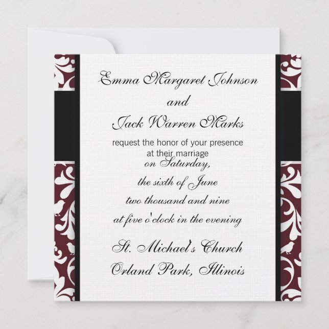 Invitation burgandy et blanc oiseau damassé orné design (Devant)
