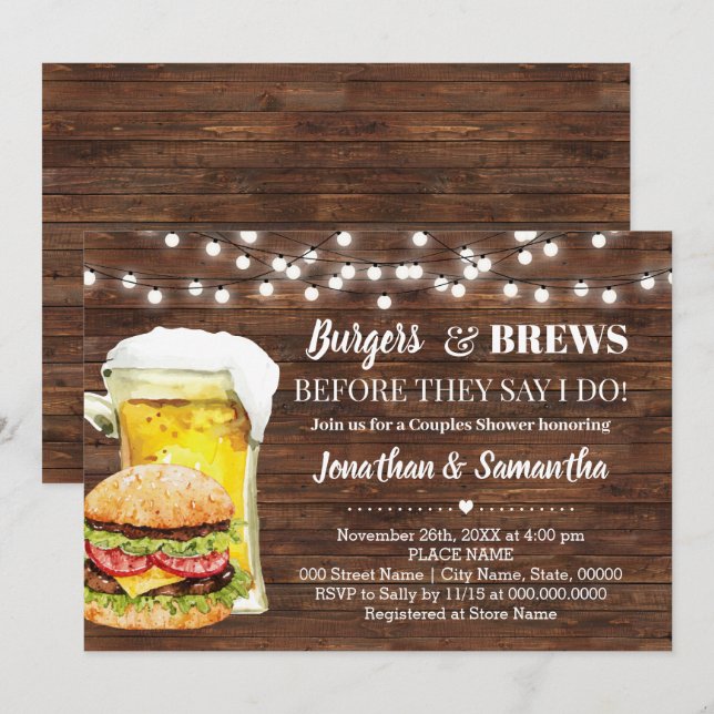 Invitation Burger et brasser rustiques avant de faire douche  (Devant / Derrière)