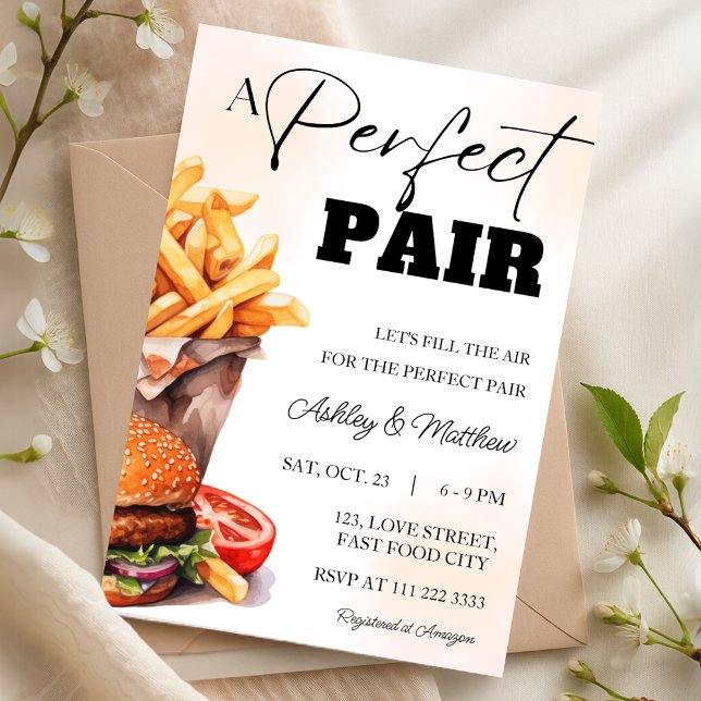 Invitation Burger et Frites Parfait Couple de Douche Mixte (Perfect Pair Burger and Fries Couple Coed Shower Invitation)