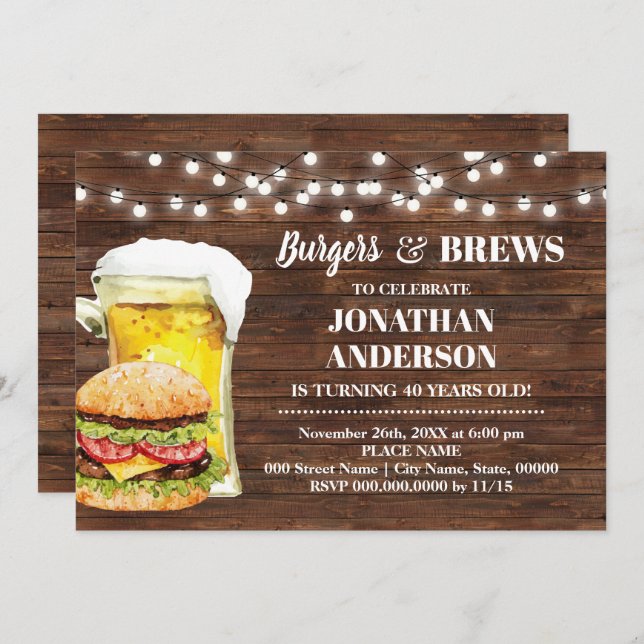 Invitation Burger Rustique & Brews Adultes Anniversaire (Devant / Derrière)
