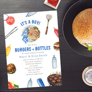 Invitation Burgers + Bouteilles Baby shower de garçon de cuis